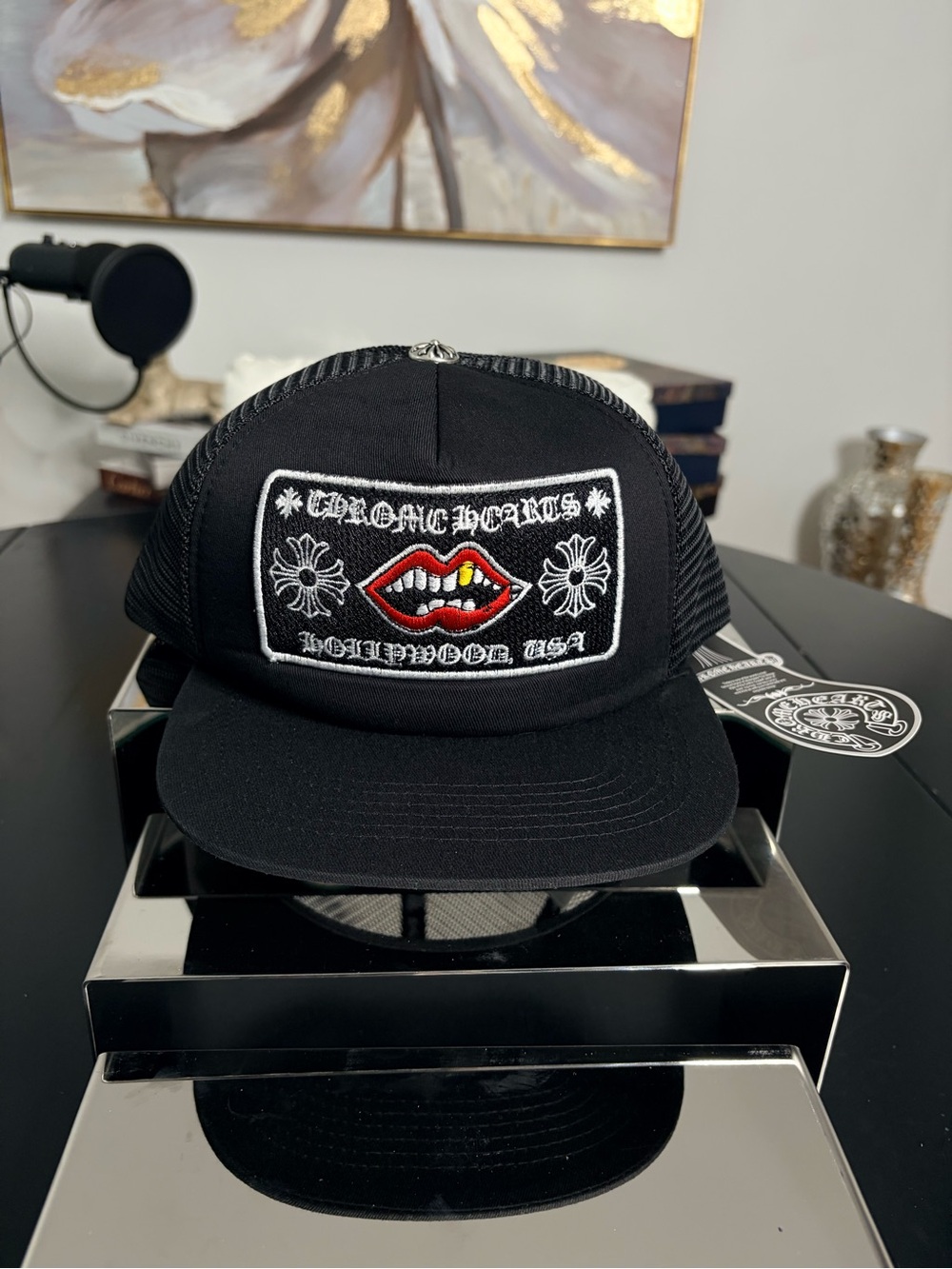 Chrome Hearts Chomper Hollywood Trucker Hat With Red Lips Embroidered Patch